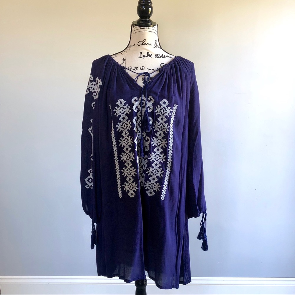 Blue Embroidered Peasant Dress